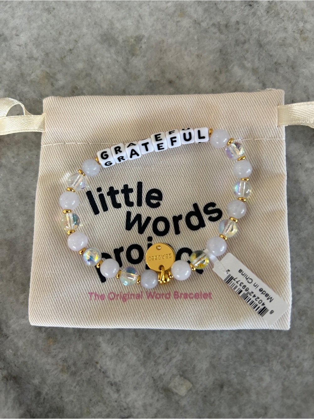 Little Words Project Grateful in White and Iridescent Beads